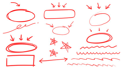 Hand drawn pen line highlight red set. Line red hand drawn pen marker stroke underline, arrow, check mark emphasis. Round oval, circle scribble frame, arrow elements . Vector © Design idea