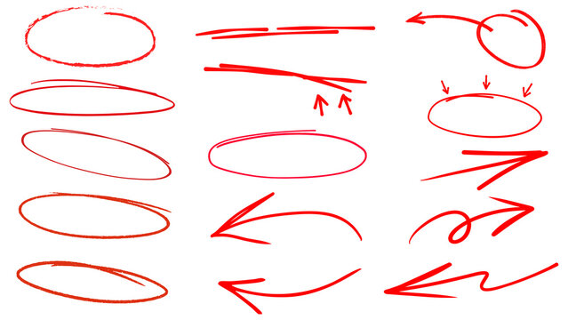 Hand drawn pen line highlight red set. Line red hand drawn pen marker stroke underline, arrow, check mark emphasis. Round oval, circle scribble frame, arrow elements . Vector