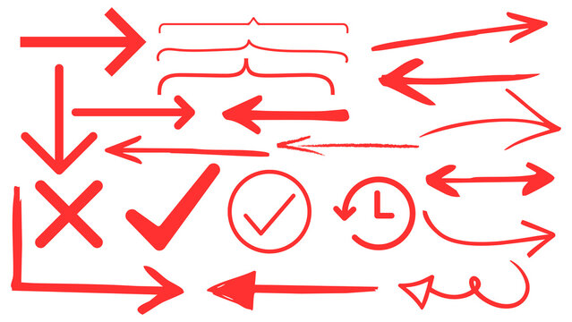 Hand drawn pen line highlight red set. Line red hand drawn pen marker stroke underline, arrow, check mark emphasis. Round oval, circle scribble frame, arrow elements . Vector
