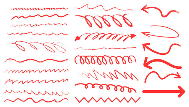 Hand drawn pen line highlight red set. Line red hand drawn pen marker stroke underline, arrow, check mark emphasis. Round oval, circle scribble frame, arrow elements . Vector