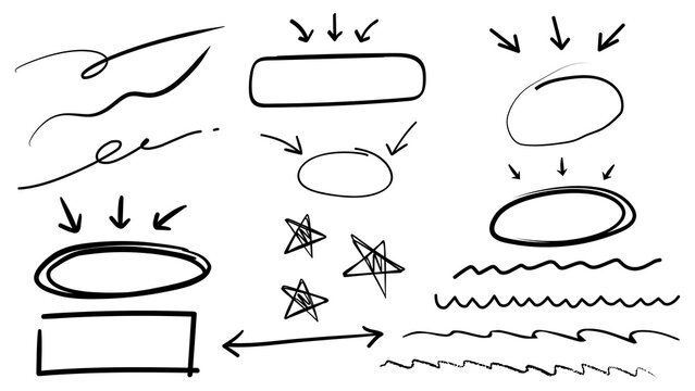 Arrow, circle, underline marker hand pen set. Arrow line marker hand drawn brush pencil sketch. Doodle check, cross, star oval round icon sign symbol texture rough. Vector