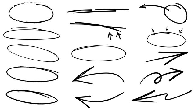 Arrow, circle, underline marker hand pen set. Arrow line marker hand drawn brush pencil sketch. Doodle check, cross, star oval round icon sign symbol texture rough. Vector