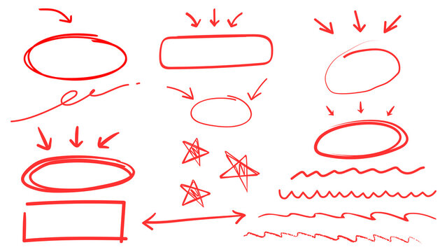Hand drawn pen line highlight red set. Line red hand drawn pen marker stroke underline, arrow, check mark emphasis. Round oval, circle scribble frame, arrow elements . Vector