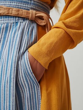 Close-up fashion detail of mustard yellow linen jacket sleeve, blue striped cotton skirt, and woven raffia belt. Hand in pocket pose. Natural fabric textures for summer clothing editorial 2026.
