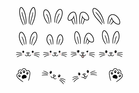 Cute Rabbit Ears and Bunny Face Line Art Set, Hand Drawn Easter Doodle Collection with Whiskers and Paws, Funny Animal Head Outline Elements Isolated on White Background for DIY Design and Crafts