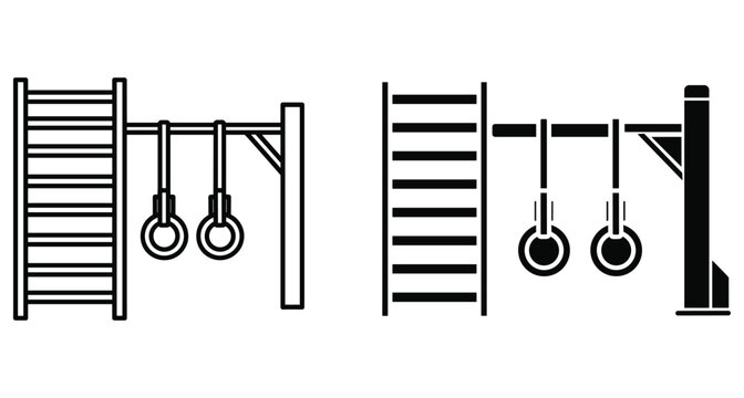 Outdoor fitness equipment icon set featuring wall bars pull up bar and gymnastics rings for calisthenics workout and bodyweight training