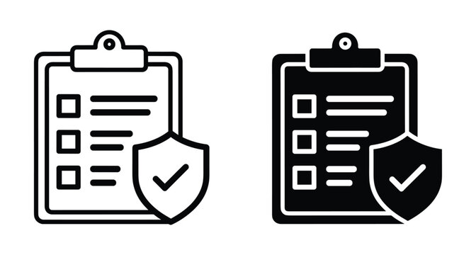 Clipboard checklist icon set with shield and checkmark symbol for insurance policy document verification and secure data management compliance
