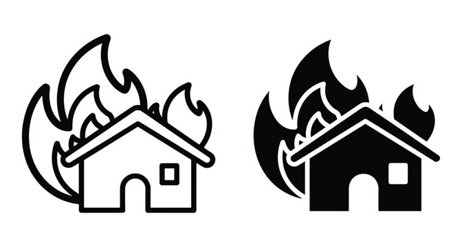 House fire icon set showing burning building with flames in outline and solid silhouette styles for emergency and insurance concepts