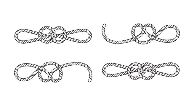 Nautical rope knots set with marine decorative line art loops and vintage borders for sailing design