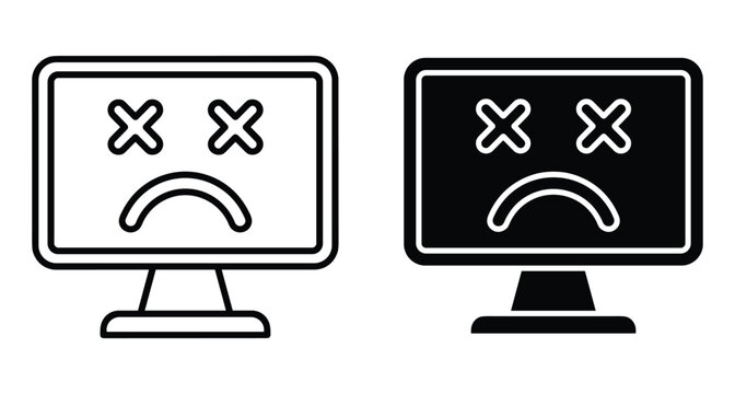Computer monitor error icon set showing dead screen with cross eyes and sad face for system failure or technical glitch