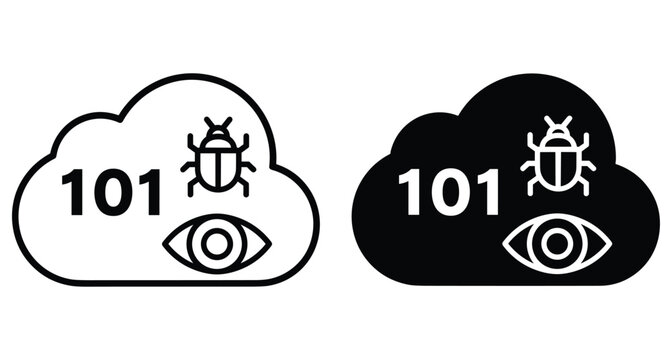 Cloud computing security icon set featuring binary code bug malware detection and monitoring eye symbol for software testing and vulnerability scanning