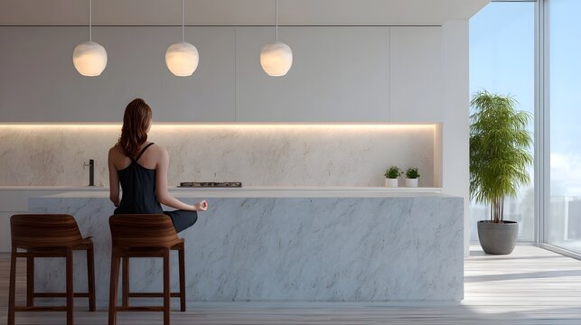 A woman meditating peacefully in a bright modern kitchen space emphasizing tranquility and self care