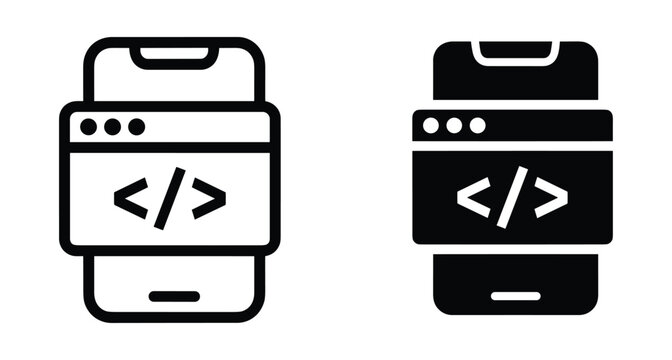 Mobile application development icon showing smartphone with programming code window for software engineering web design and digital app creation