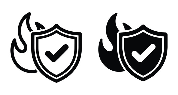 Fire protection shield icon set with checkmark and flame symbol for safety security fireproof resistant material industrial hazard prevention system