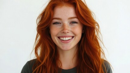 Naklejka premium Red haired young woman smiling in plain studio portrait setting