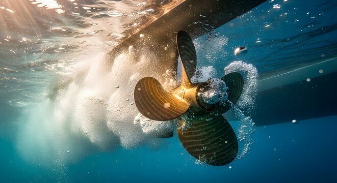 Powerful boat propeller spinning underwater in clear blue ocean water, creating a trail of white bubbles and cavitation, symbolizing speed, nautical engineering, and marine transportation