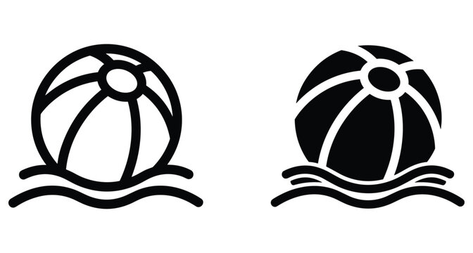 Beach ball icon set showing inflatable toy floating on ocean waves for summer vacation travel and outdoor pool activities