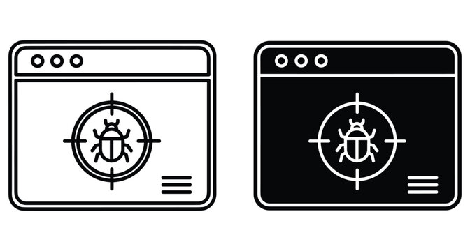 Software bug tracking and vulnerability scanning icons showing browser window with target crosshair and beetle insect for web security testing