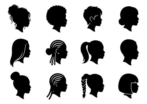 Black woman profile silhouette icons, set of 12 diverse female hairstyles and head shapes, minimalist vector portraits for beauty and fashion branding