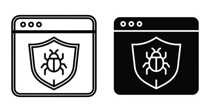 Web browser security icon set featuring shield and bug symbol for antivirus malware protection software testing and cyber defense concepts