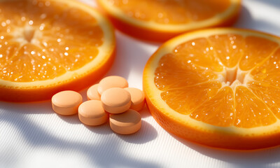 Fototapeta premium Vitamin C supplement tablets and fresh orange slices on white textured background in bright natural sunlight