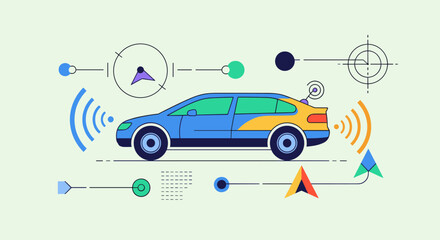 Naklejka premium A blue and yellow car with various technical drawings around it isolated on transparent background, isolated on white background, Vector
