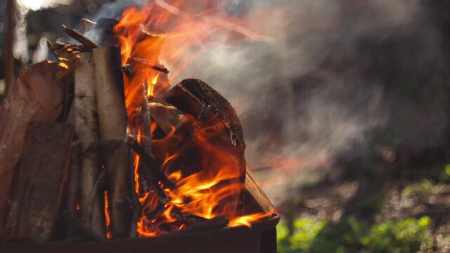 A close-up shows a fire burning in a grill filled with wood. Smoke rises into the air, and the blurred forest in the background creates a natural outdoor atmosphere, perfect for camping or BBQ content