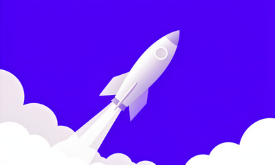 Fototapeta premium White Rocket Launching Upward Through Clouds Against Vibrant Blue Sky