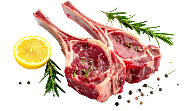 Two raw lamb chops, seasoned, with rosemary and a lemon slice on a black backdrop