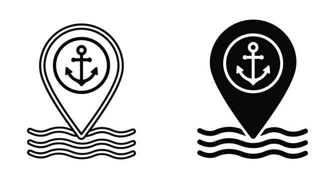 Nautical map pin icons with anchor symbol and sea waves for maritime location tracking harbor navigation port gps destination markers