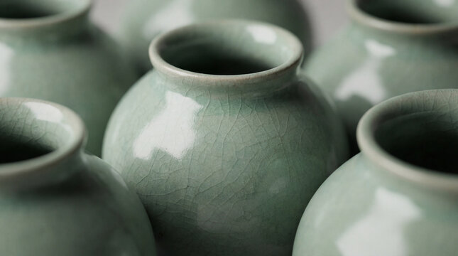 Close-up of several celadon ceramic vessels arranged closely together