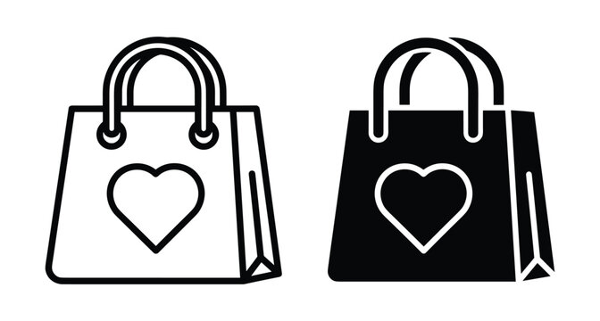 Shopping bag icon set with heart symbol for retail commerce boutique gift store marketing promotion sale and customer loyalty