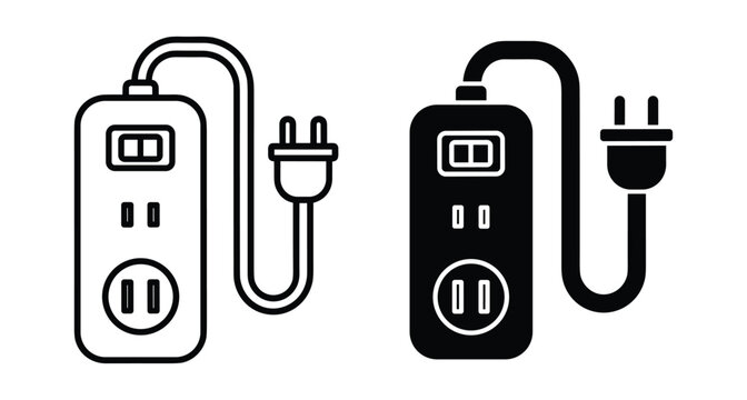 Power strip extension cord icon set with electrical plug and socket outlet for home office appliance connection and energy supply