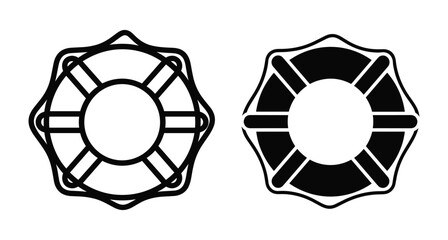 Fototapeta premium Lifebuoy ring icon set with outline and solid black versions for maritime safety rescue equipment and nautical emergency assistance symbols