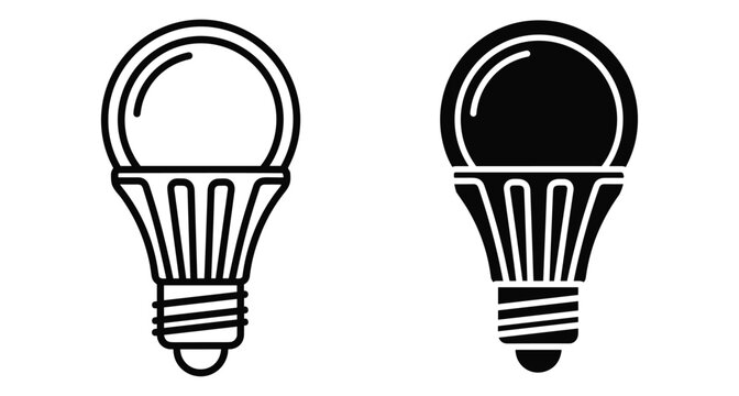 LED light bulb icon set featuring outline and solid silhouette styles for energy efficiency lighting technology and creative idea concepts