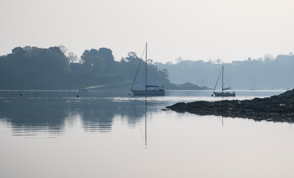Sailboats on Rance River near Pleurtuit in Bretagne - France.