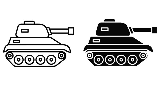 Military tank icon set featuring outline and solid black armored vehicle designs for army defense and combat warfare graphic projects