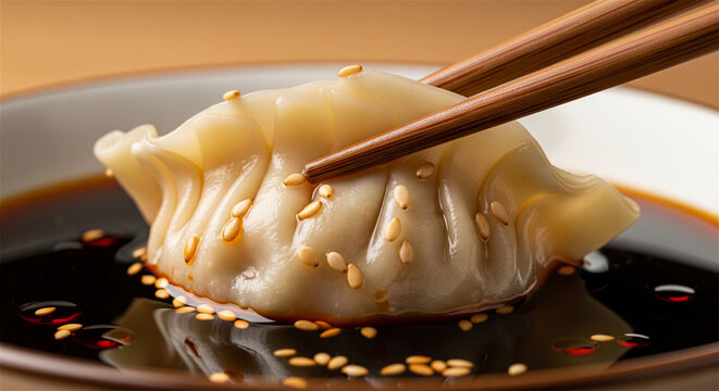 Steamed gyoza dumpling with sesame seeds, wooden chopsticks dipping potsticker in soy sauce, traditional Asian cuisine appetizer