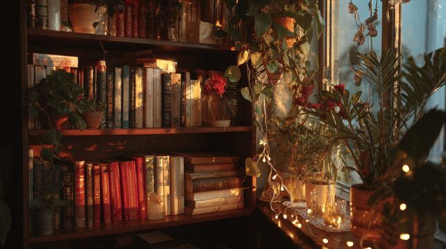 Bookshelf filled with classics beside plants and warm fairy lights. 