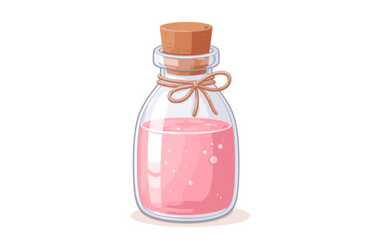 Vector illustration of a glass bottle with a cork stopper and a twine bow, filled with a pink liquid, cosmetic lotion, or magic potion, featuring bubbles, isolated on a white background for design.
