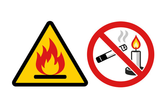 Highly Flammable Hazard Warning Sign and No Smoking or Naked Flames Prohibition Symbol. Vector Illustration of Fire Safety Icons with Flame, Cigarette, and Candle Isolated on White Background.