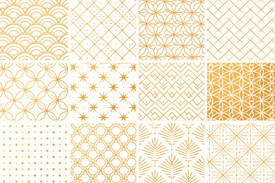Set of 12 Seamless Golden and White Geometric Patterns, Luxury Art Deco and Japanese Inspired Backgrounds with Waves, Stars, Dots, and Lattice Textures for Elegant Graphic Design and Packaging.