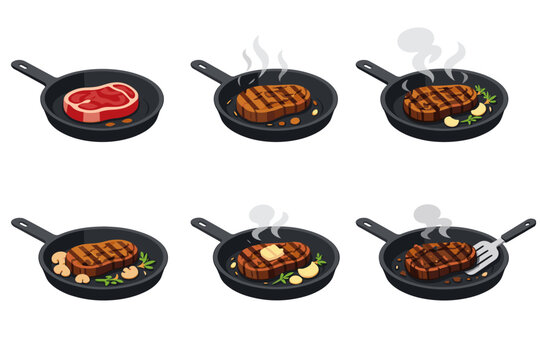 Vector illustration set of steak cooking stages in a skillet. Features raw beef, grilled steak with grill marks, garlic, herbs, butter, and mushrooms. Isolated icons for culinary and food design.