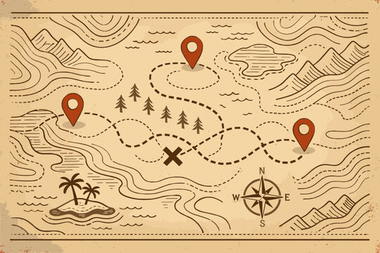 Vintage Topographic Map Vector Illustration with Retro Line Patterns, Navigation Pin Markers, Compass Rose, and Treasure Path on Aged Paper Background for Adventure and Exploration Posters
