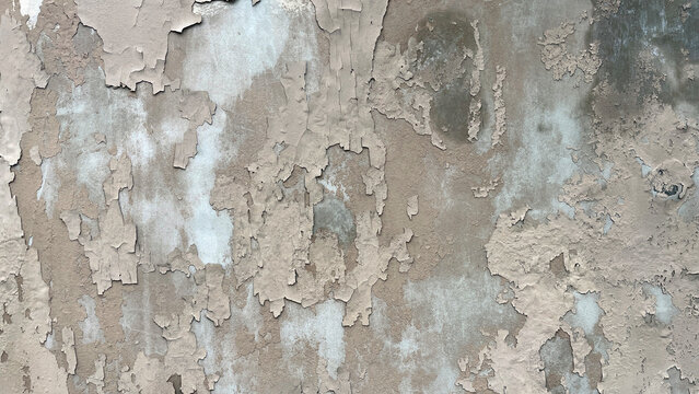 Close‑up of a weathered wall with peeling paint and exposed plaster, showing rough texture, decay, and natural patterns created by aging and surface erosion