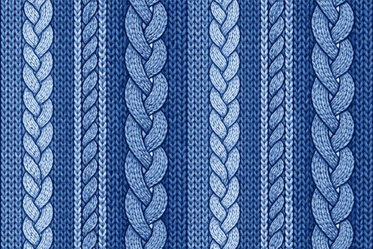 Seamless Blue Cable Knit Sweater Pattern with Realistic Wool Textile Texture. Detailed Knitted Fabric Background for Winter Fashion, Apparel Design, and Cozy Seasonal Crafts. Vector Background.