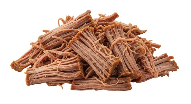 A pile of dried, shredded, brown meat strips