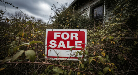 Fototapeta premium A red and white for sale sign is surrounded by overgrown vegetation in front of a dilapidated house.