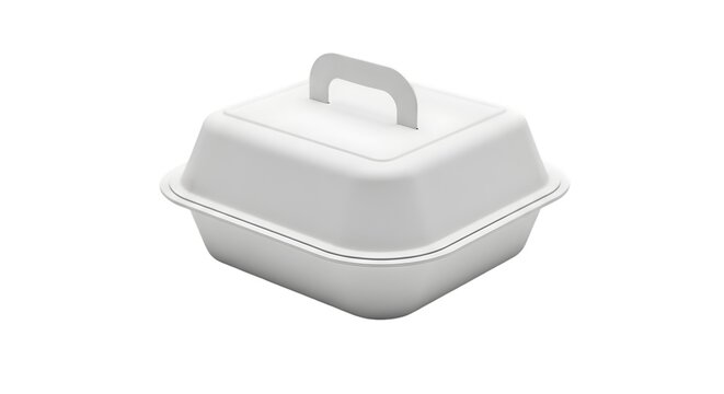 White styrofoam takeout container with lid and handle