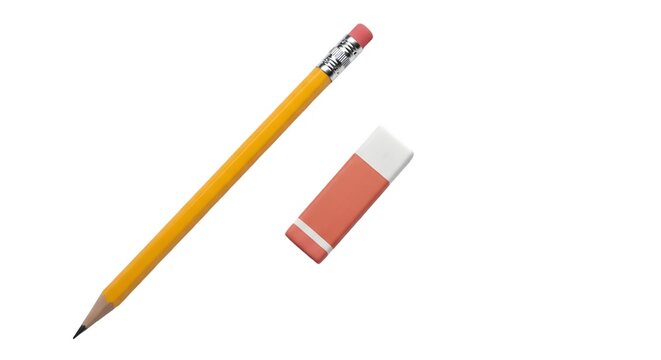 Yellow pencil and pink eraser on white background
